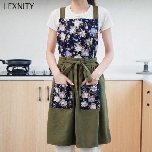 Lexnity Vintage Pinafore Apron Dress for Women with Pockets Cute Floral Chef Aprons for Kitchen Cooking Baking Gardening (Green)