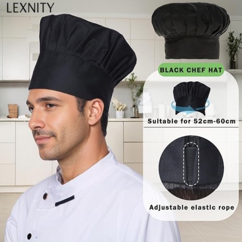 Lexnity 2 Pcs Adult Chef Hat for Men Women Cotton Adjustable Elastic for Kitchen Cooking Baking Restaurant(Black)