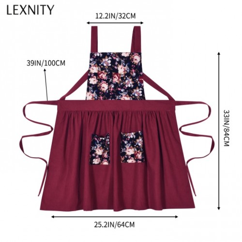 Lexnity Vintage Pinafore Apron Dress for Women with Pockets Cute Floral Chef Aprons for Kitchen Cooking Baking Gardening (Red)