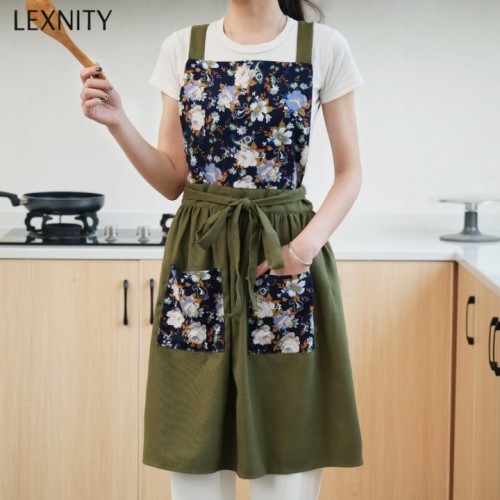 Lexnity Vintage Pinafore Apron Dress for Women with Pockets Cute Floral Chef Aprons for Kitchen Cooking Baking Gardening (Green)