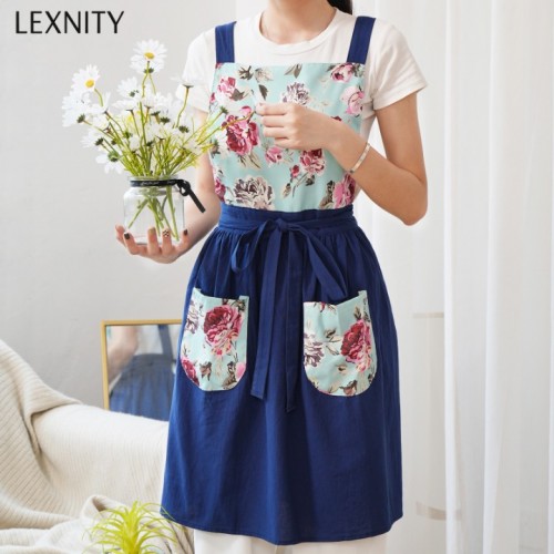 Lexnity Vintage Pinafore Apron Dress for Women with Pockets Cute Floral Chef Aprons for Kitchen Cooking Baking Gardening (Navy)