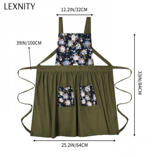 Lexnity Vintage Pinafore Apron Dress for Women with Pockets Cute Floral Chef Aprons for Kitchen Cooking Baking Gardening (Green)