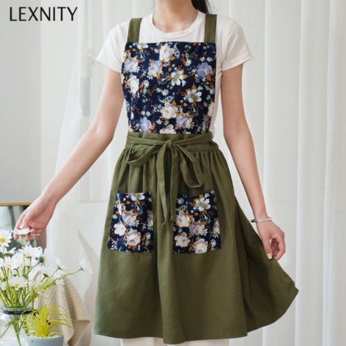 Lexnity Vintage Pinafore Apron Dress for Women with Pockets Cute Floral Chef Aprons for Kitchen Cooking Baking Gardening (Green)