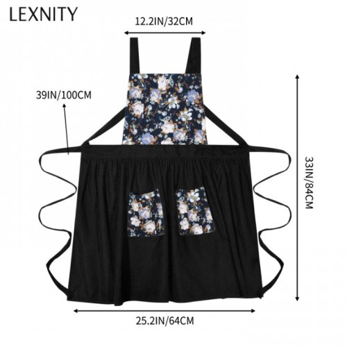 Lexnity Vintage Pinafore Apron Dress for Women with Pockets Cute Floral Chef Aprons for Kitchen Cooking Baking Gardening (Black)