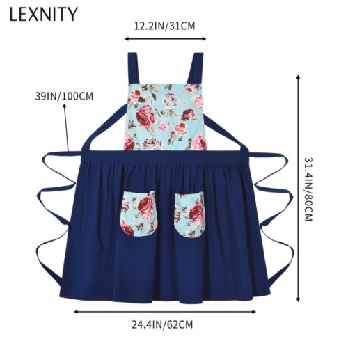 Lexnity Vintage Pinafore Apron Dress for Women with Pockets Cute Floral Chef Aprons for Kitchen Cooking Baking Gardening (Navy)