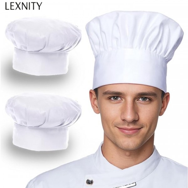 Lexnity 2 Pcs Adult Chef Hat for Men Women Cotton Adjustable Elastic for Kitchen Cooking Baking Restaurant(White)