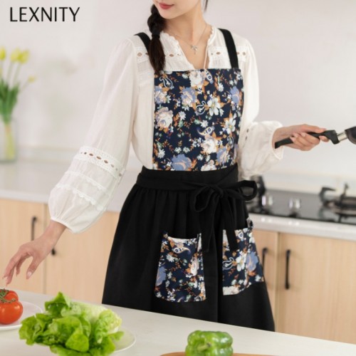 Lexnity Vintage Pinafore Apron Dress for Women with Pockets Cute Floral Chef Aprons for Kitchen Cooking Baking Gardening (Black)