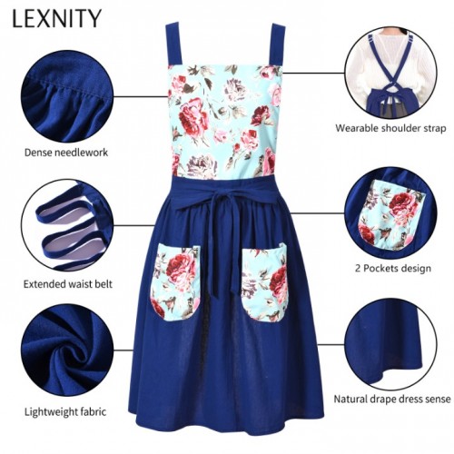 Lexnity Vintage Pinafore Apron Dress for Women with Pockets Cute Floral Chef Aprons for Kitchen Cooking Baking Gardening (Navy)