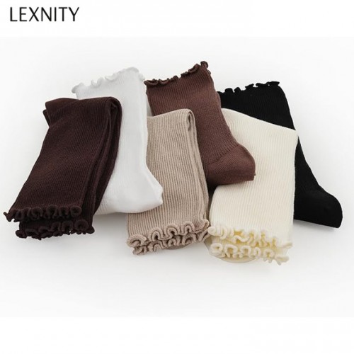 Lexnity 6 Pairs Ruffle Socks for Women，Frilly Socks Women，Solid Color Cute Ankle Lettuce Edge Soft Crew Socks