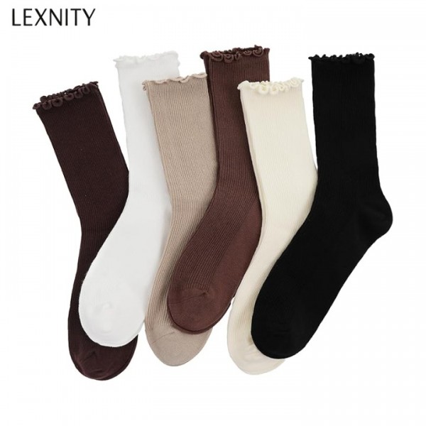 Lexnity 6 Pairs Ruffle Socks for Women，Frilly Socks Women，Solid Color Cute Ankle Lettuce Edge Soft Crew Socks