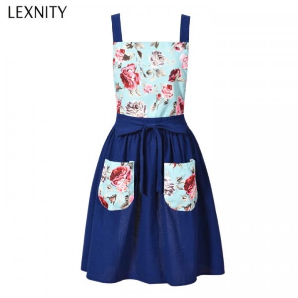 Lexnity Vintage Pinafore Apron Dress for Women with Pockets Cute Floral Chef Aprons for Kitchen Cooking Baking Gardening (Navy)
