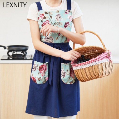 Lexnity Vintage Pinafore Apron Dress for Women with Pockets Cute Floral Chef Aprons for Kitchen Cooking Baking Gardening (Navy)